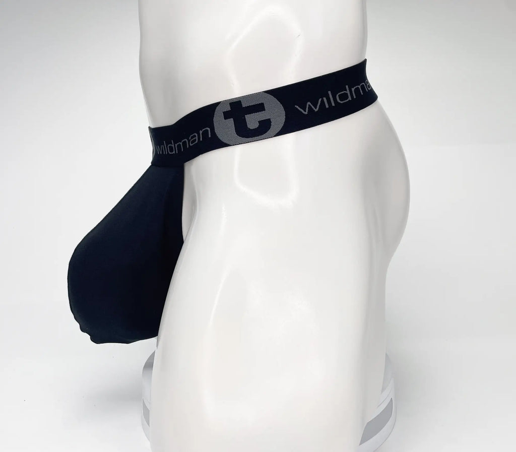 Black WildmanT strapless mesh pouch on a white mannequin, featuring a branded elastic waistband with a "t" logo.