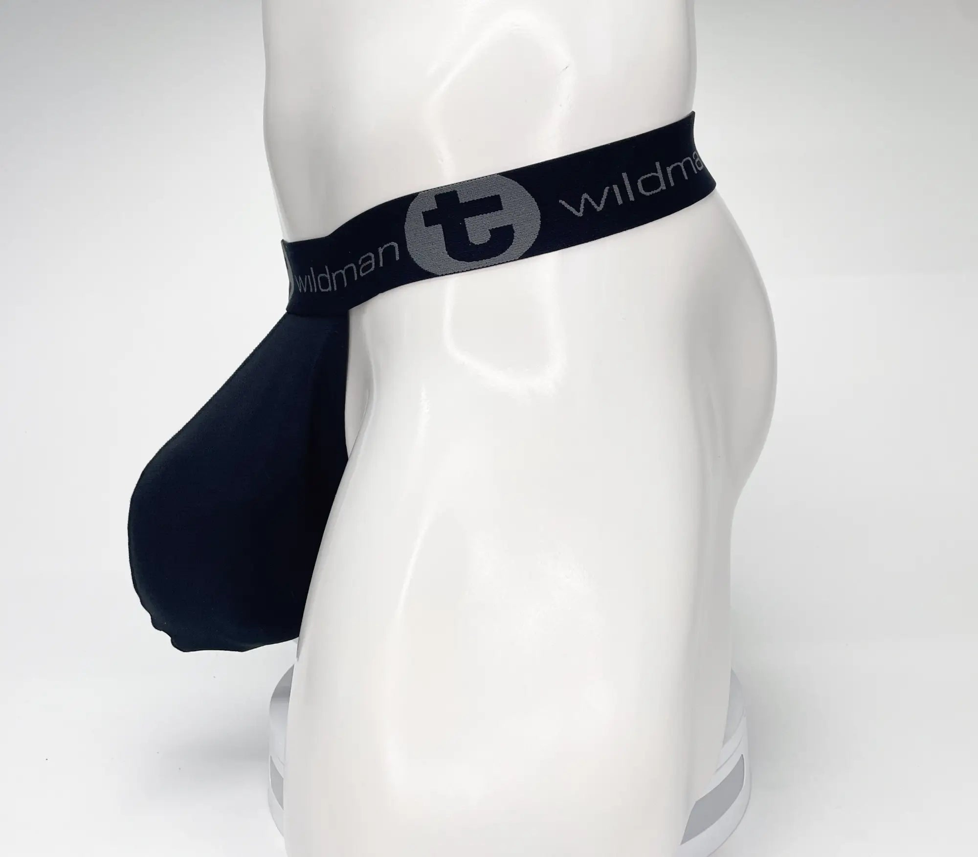 Black WildmanT strapless mesh pouch on a white mannequin, featuring a branded elastic waistband with a "t" logo.