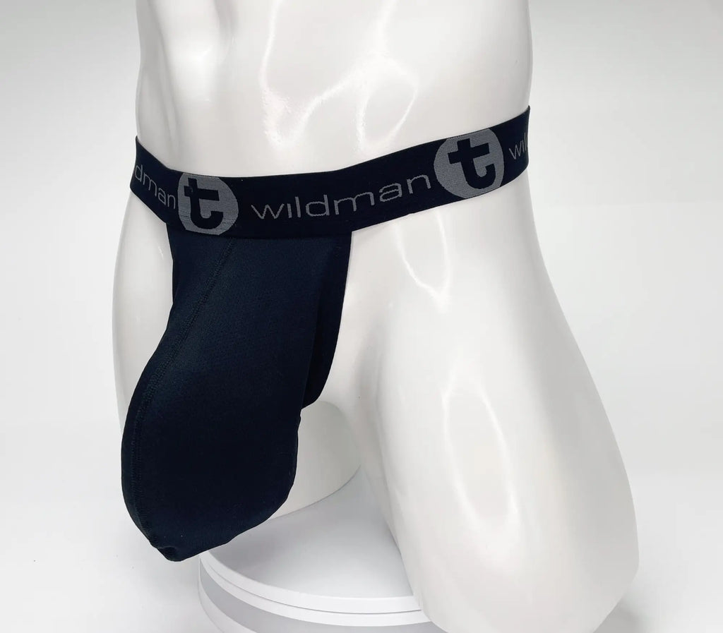 Black WildmanT strapless mesh pouch on a white mannequin, featuring a branded elastic waistband with logo details.