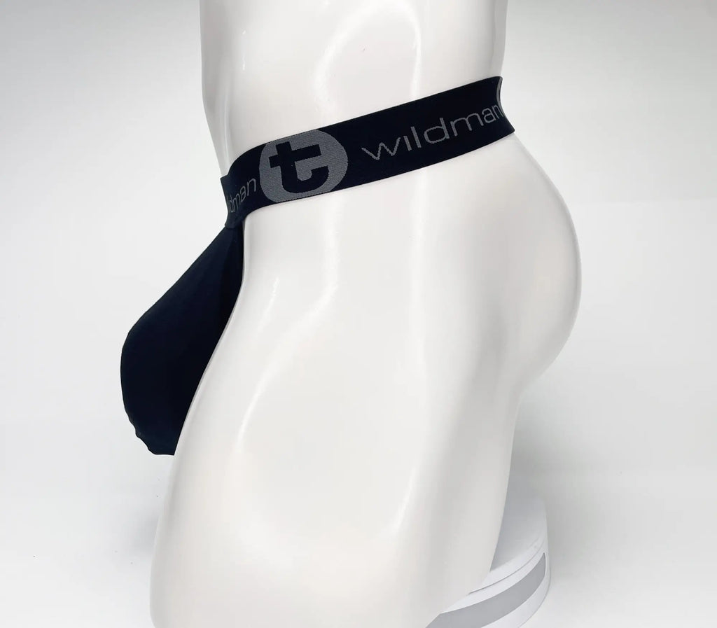 WildmanT black strapless mesh pouch on a mannequin, featuring a branded elastic waistband with logo detail.