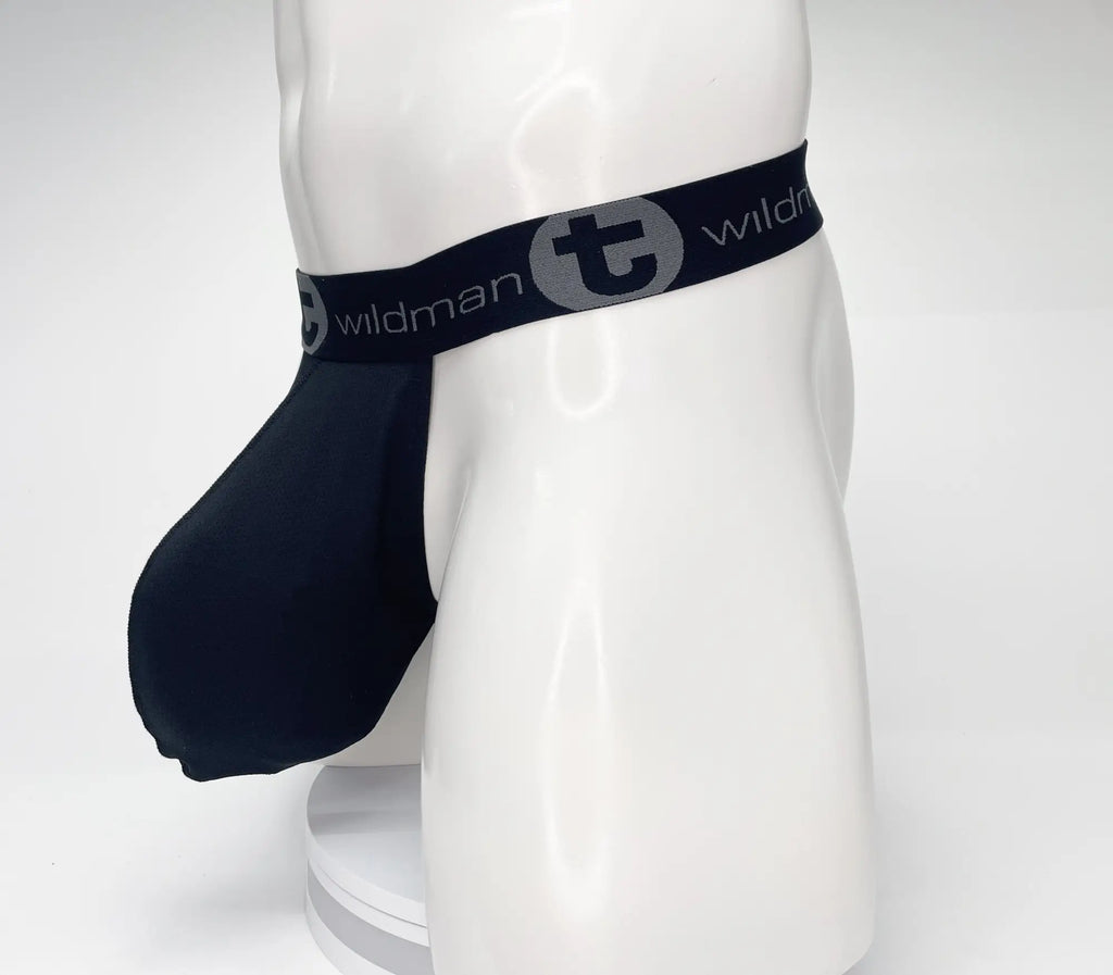 WildmanT black strapless mesh pouch on a white mannequin, featuring a branded elastic waistband with a "T" logo.