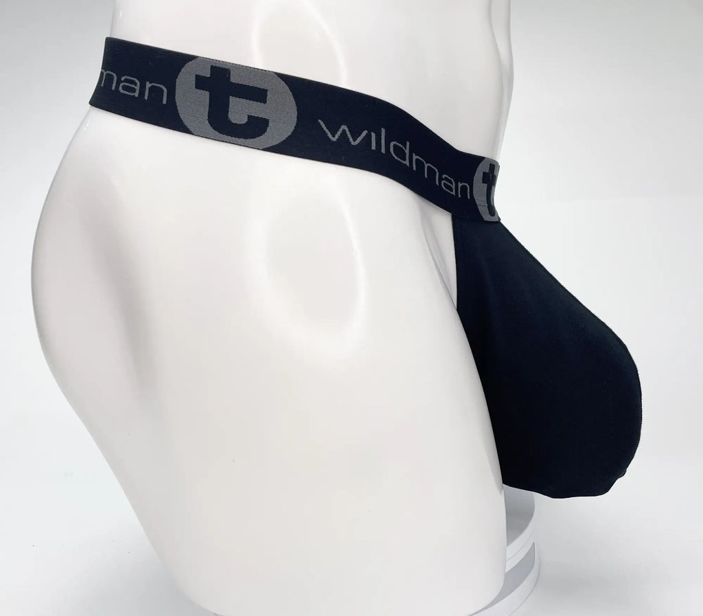 Black WildmanT strapless mesh pouch on a mannequin, featuring a branded elastic waistband with grey logo lettering.
