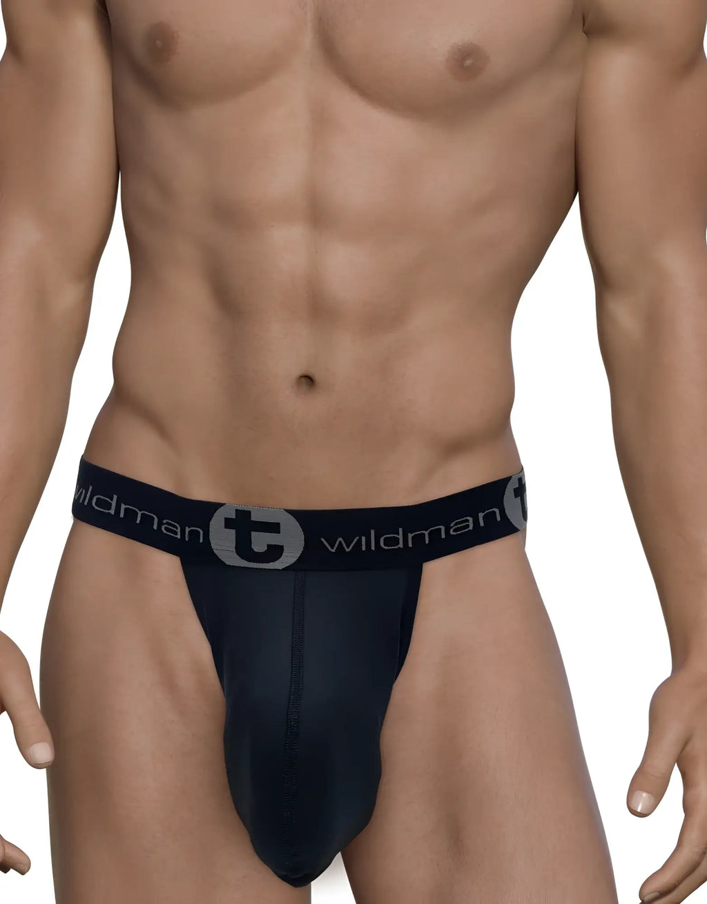 Black WildmanT strapless mesh pouch with a branded elastic waistband on a muscular male torso.