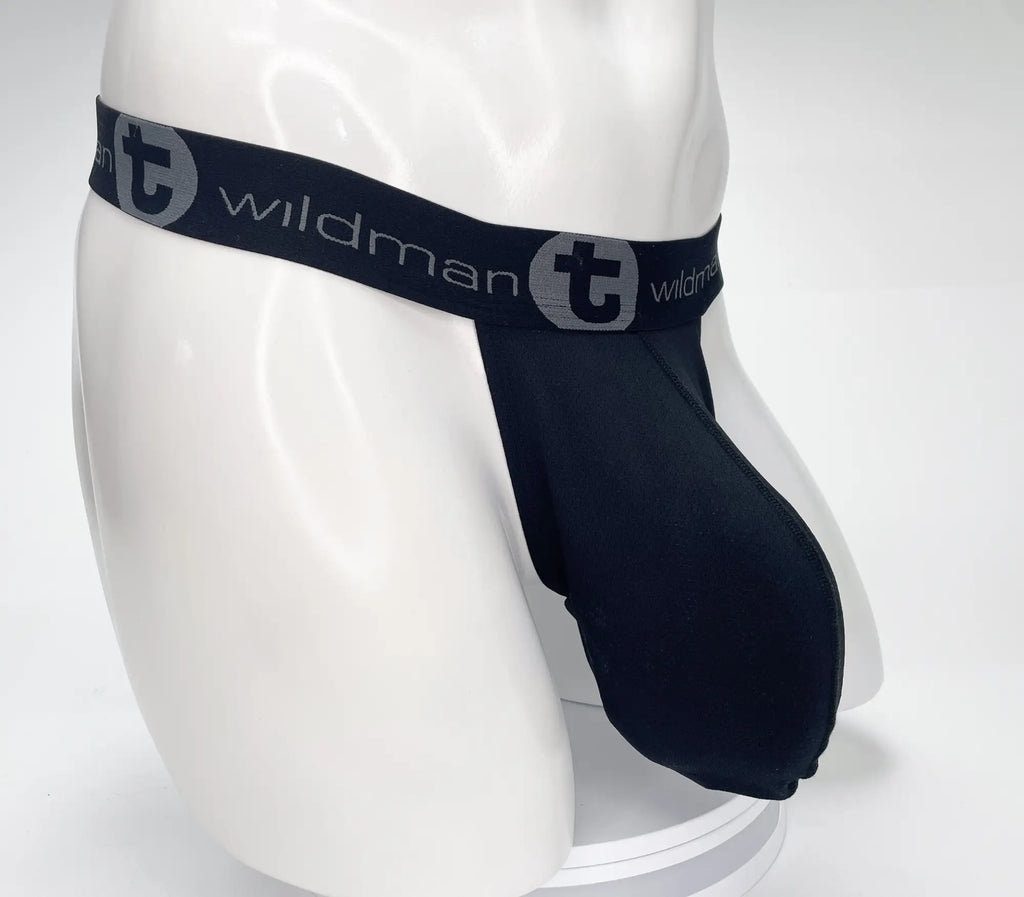 Black WildmanT strapless pouch with mesh fabric on a white mannequin torso, featuring a branded elastic waistband.