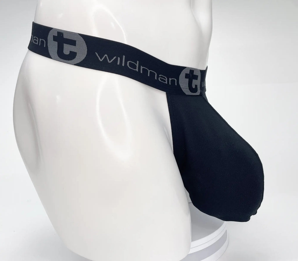 Black WildmanT strapless mesh pouch on a white mannequin, featuring a black waistband with grey logo branding.