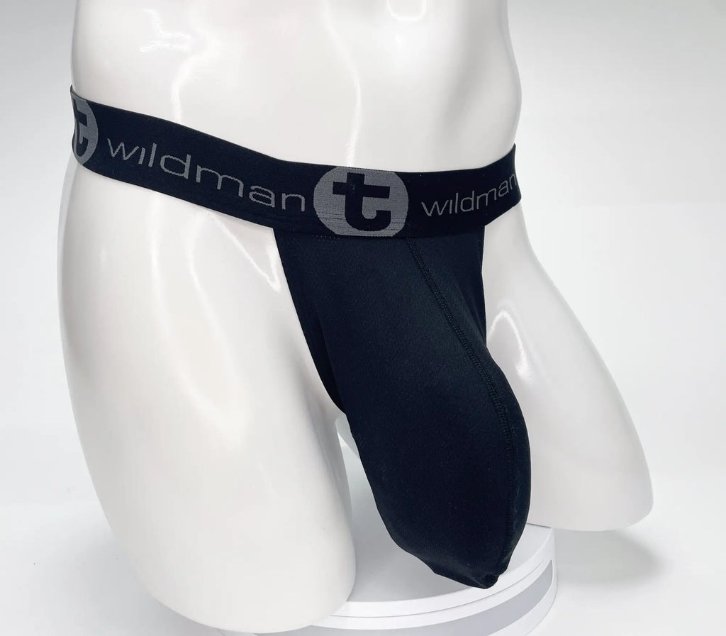 Black WildmanT strapless mesh pouch on a white mannequin with a branded elastic waistband.