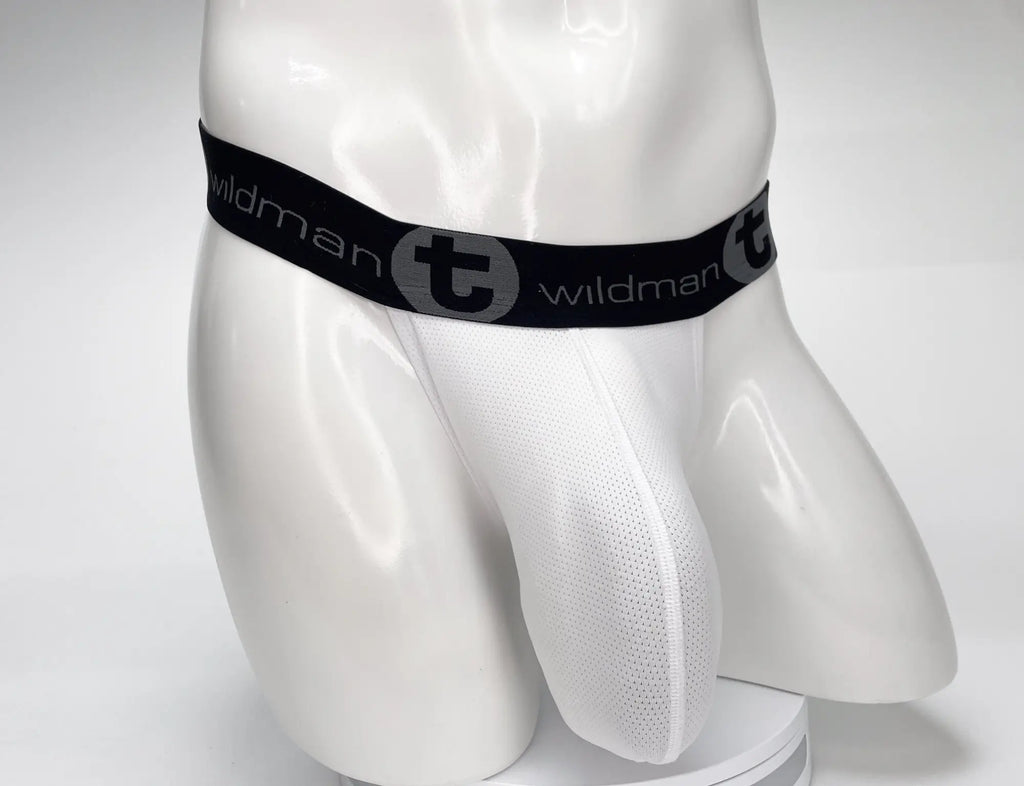 White WildmanT mesh strapless pouch on a mannequin, featuring a black branded elastic waistband with a "t" logo.