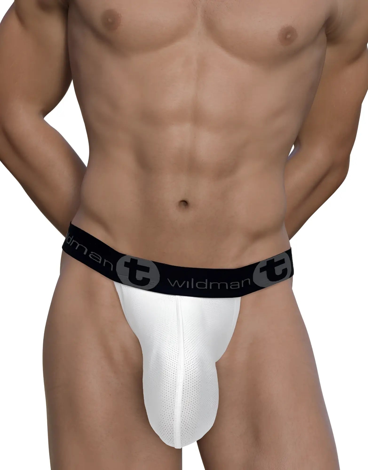White mesh strapless pouch featuring a black branded elastic waistband with the WildmanT logo.