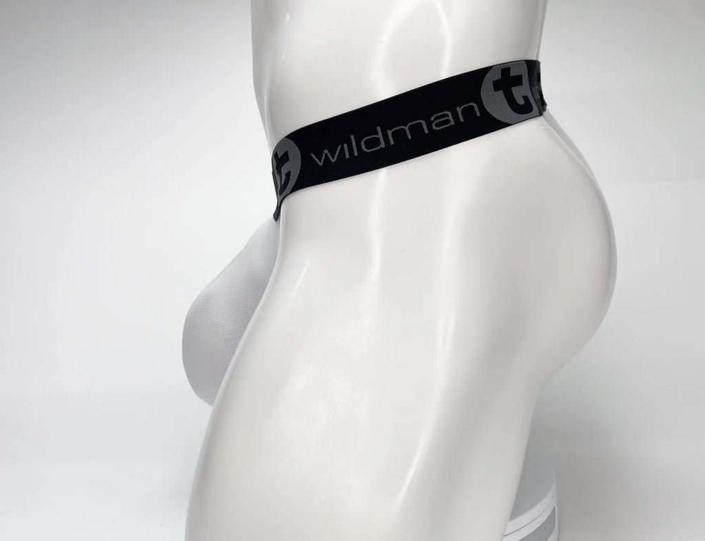 White mesh strapless pouch on a mannequin with a black WildmanT branded elastic waistband.
