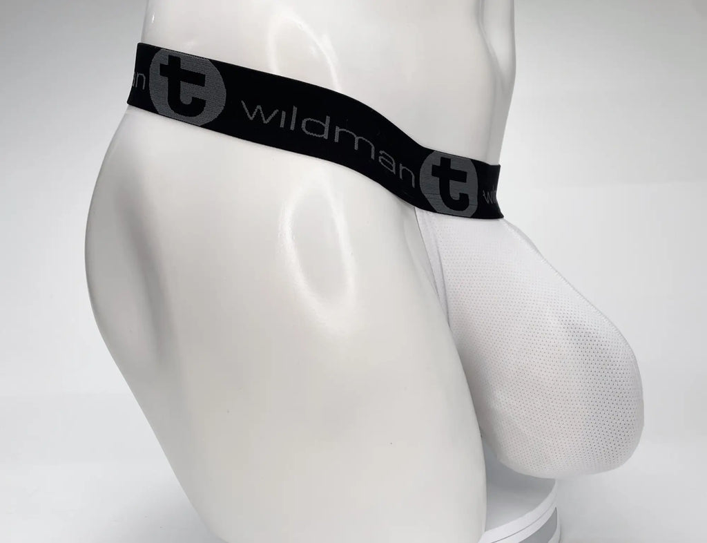 White WildmanT mesh strapless pouch on a mannequin, featuring a wide black branded waistband with "T" logo.