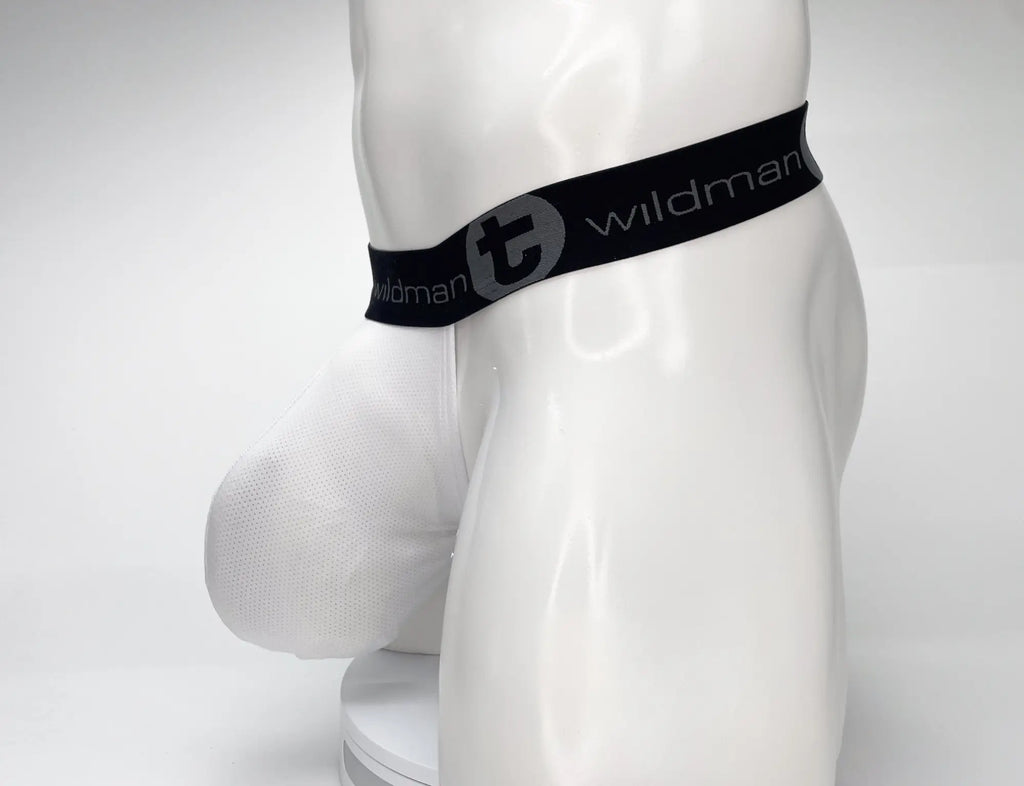 White mesh strapless pouch on a mannequin torso, featuring a wide black waistband with WildmanT logo branding.