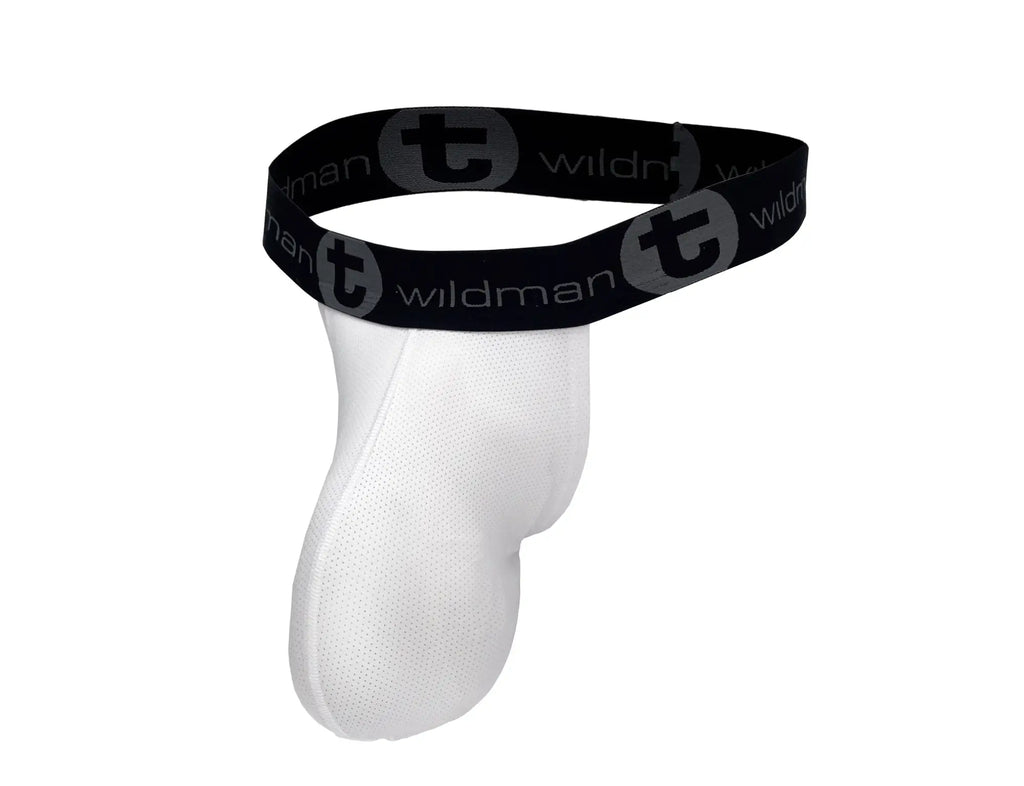 White mesh strapless pouch with a black WildmanT branded elastic waistband against a white background.