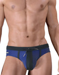 Moby Big Boy Pouch Swim briefs in navy blue and black with a drawstring waist and logo tab on the left hip.