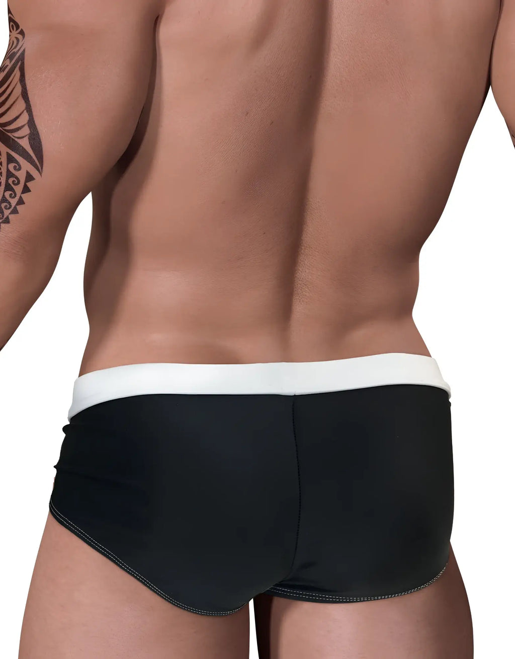 Rear view of Moby Big Boy Pouch Swim trunks in black with a contrasting white waistband and white accent stitching.