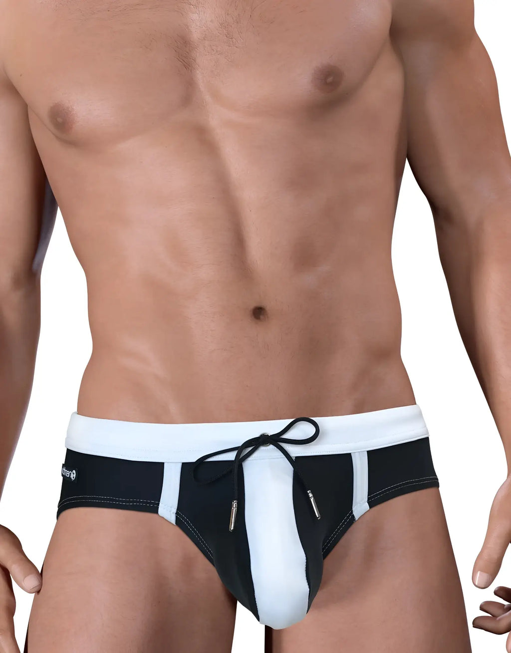 Moby Big Boy Pouch swim brief in black and white with a contrast waistband and front drawstring detail.