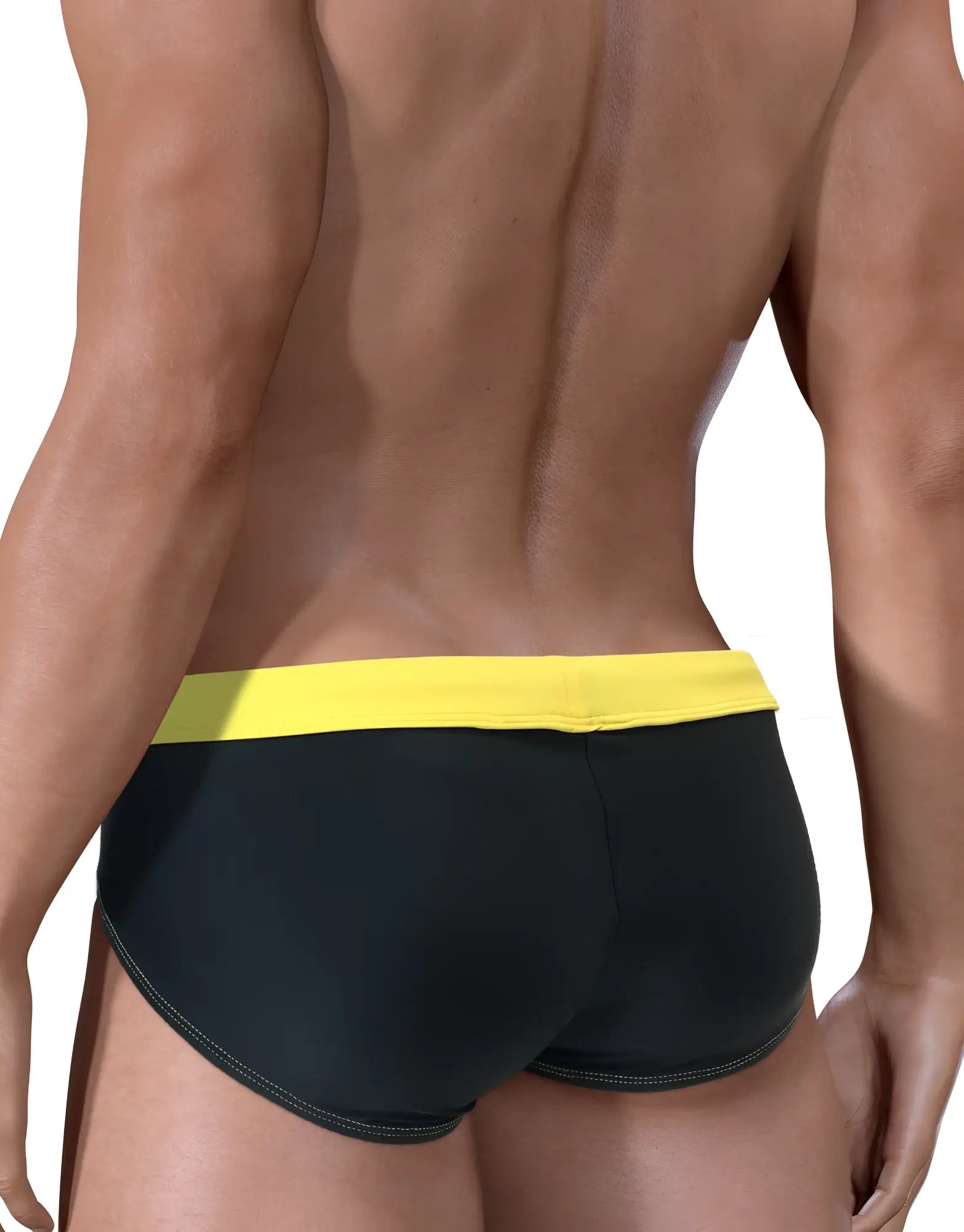 Moby Big Boy Pouch Swim trunks in black with a contrasting yellow waistband, featuring visible stitching details.