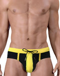 Moby Big Boy Pouch swim brief in black with yellow accents, featuring a front center pouch and adjustable drawstring.