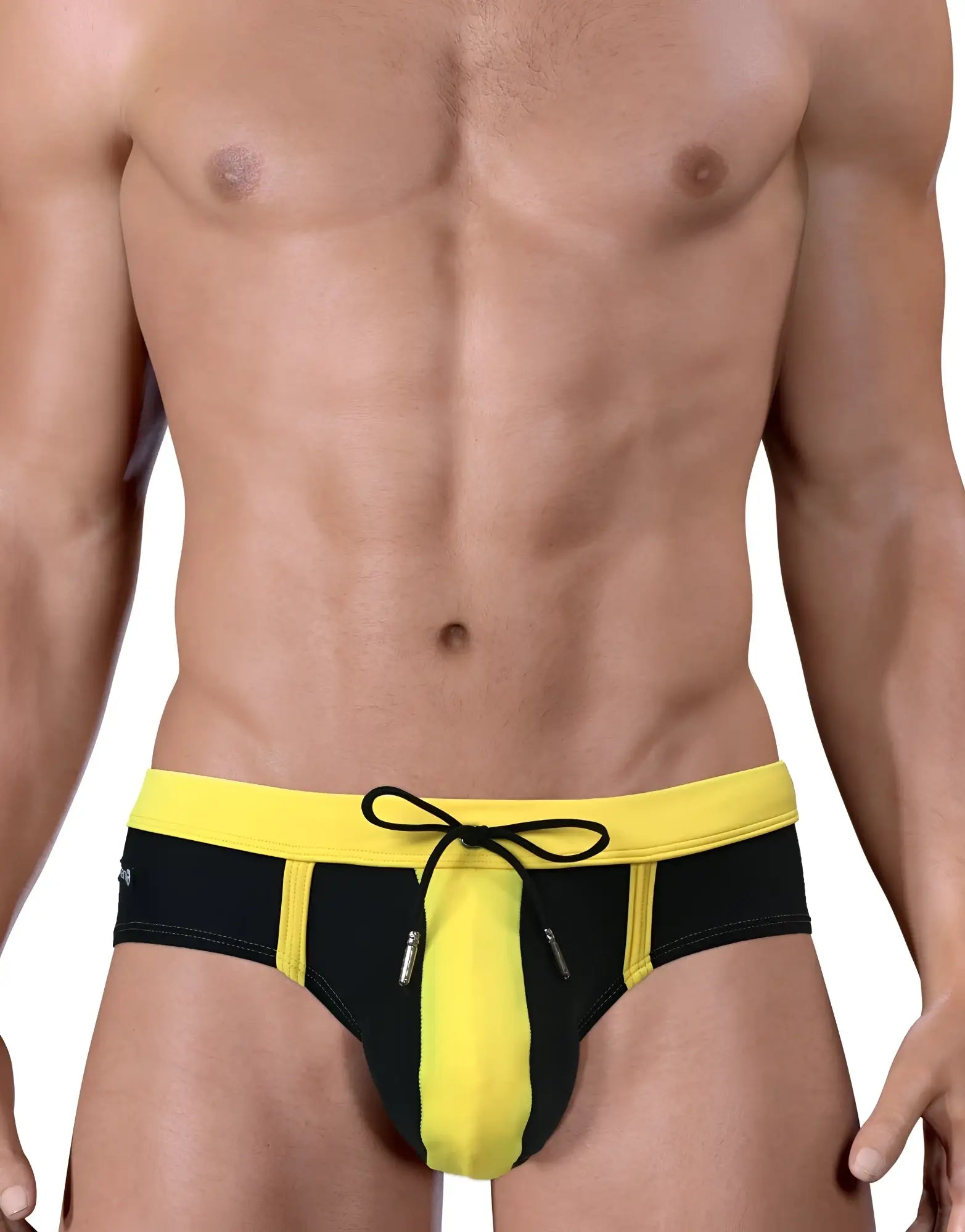 Moby Big Boy Pouch swim brief in black with yellow accents, featuring a front center pouch and adjustable drawstring.