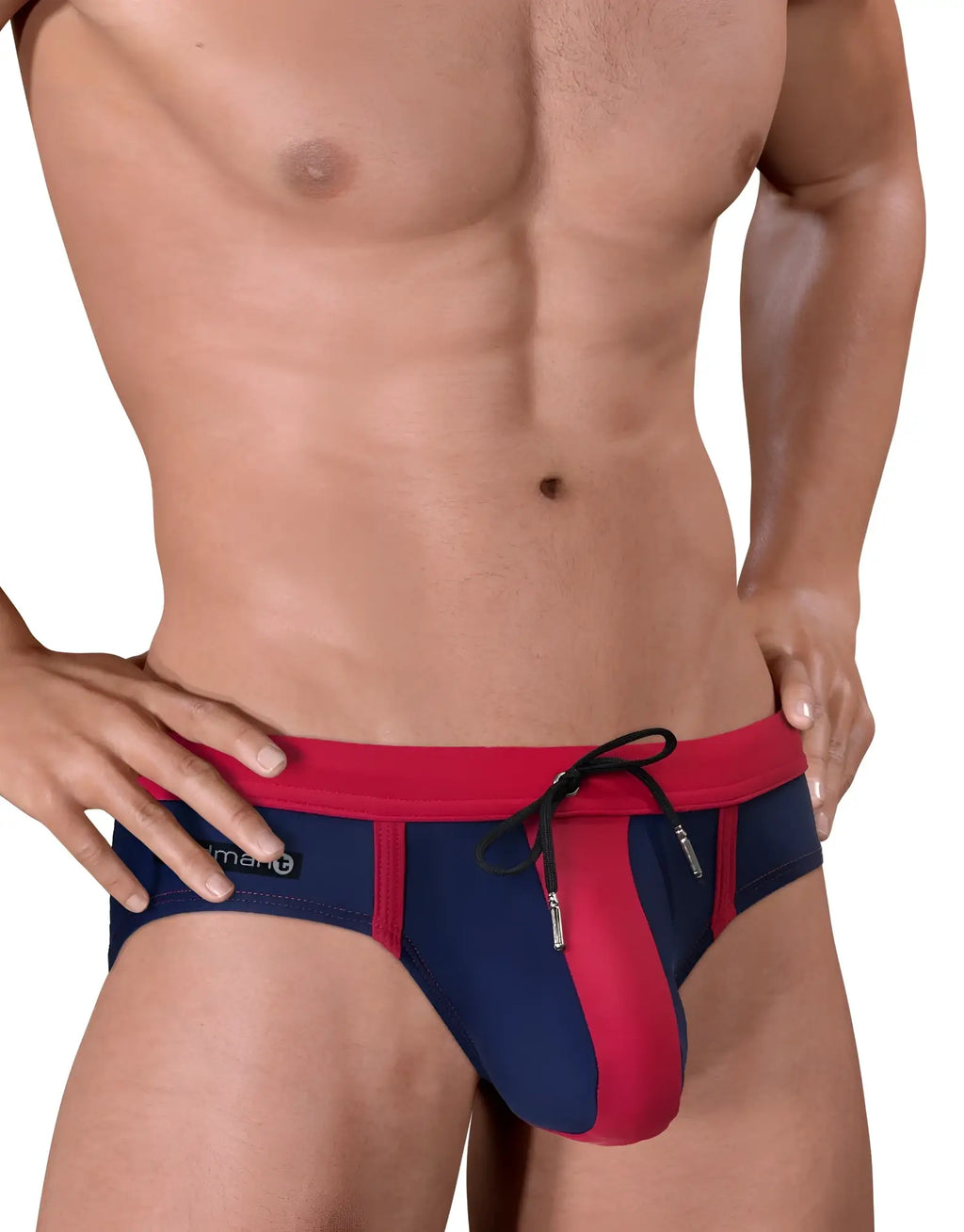 Navy blue and red swim pouch briefs with a drawstring waistband and a centered contrast panel.
