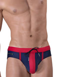 Moby Big Boy Pouch Swim briefs in navy and red with a black drawstring and Wildman logo on the left hip.