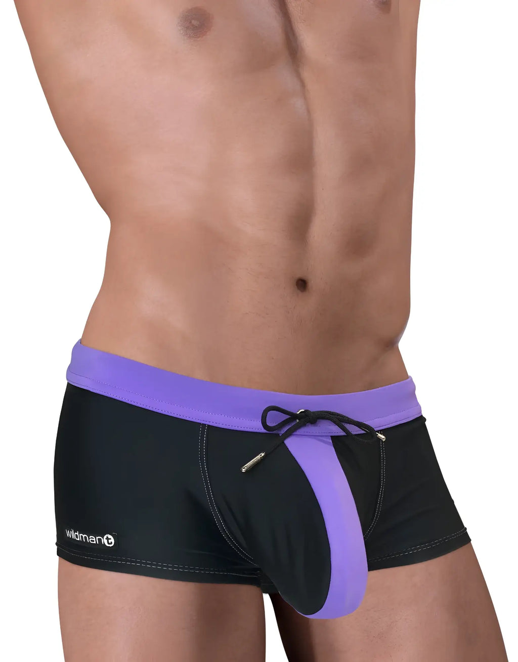 Black and purple square-cut swim trunks with a front pouch, drawstring, and Wildman logo on the hip.