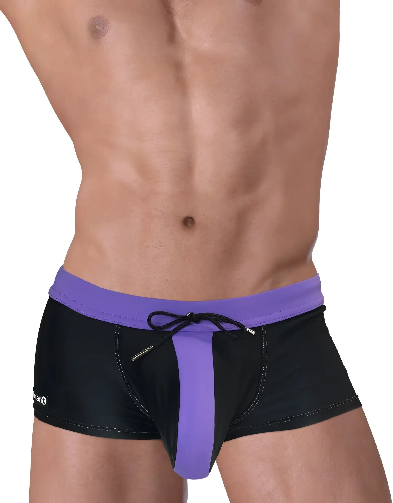 Black square-cut swim trunks with a purple waistband, vertical center pouch panel, and black drawstring.