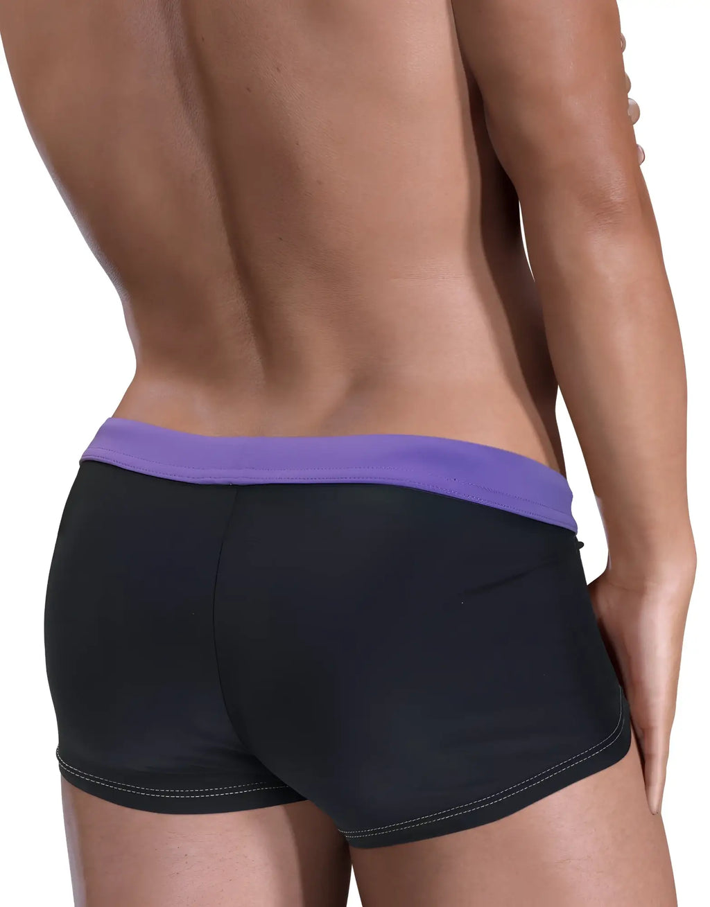 Moby Big Boy square-cut swim trunks in black with a purple waistband and contrasting white stitching.