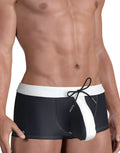 Moby Big Boy Pouch Swim Square Cut in black and white with a contrast waistband and front drawstring tie.