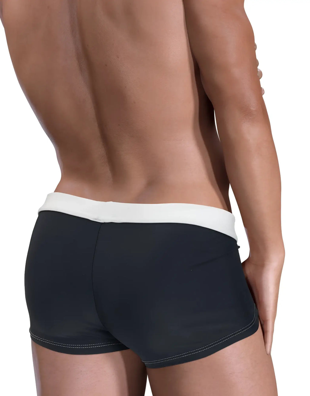 Moby Big Boy square-cut swim trunks in black with a contrasting white waistband and white accent stitching.