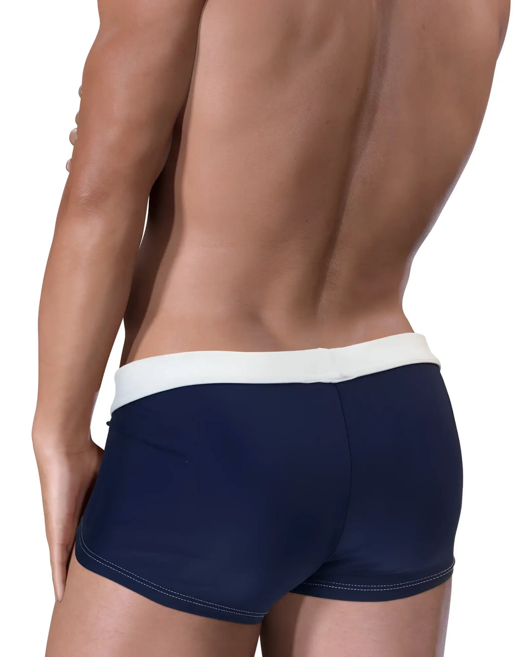 Moby Big Boy square-cut swim trunks in navy blue with a contrasting white waistband and white accent stitching.