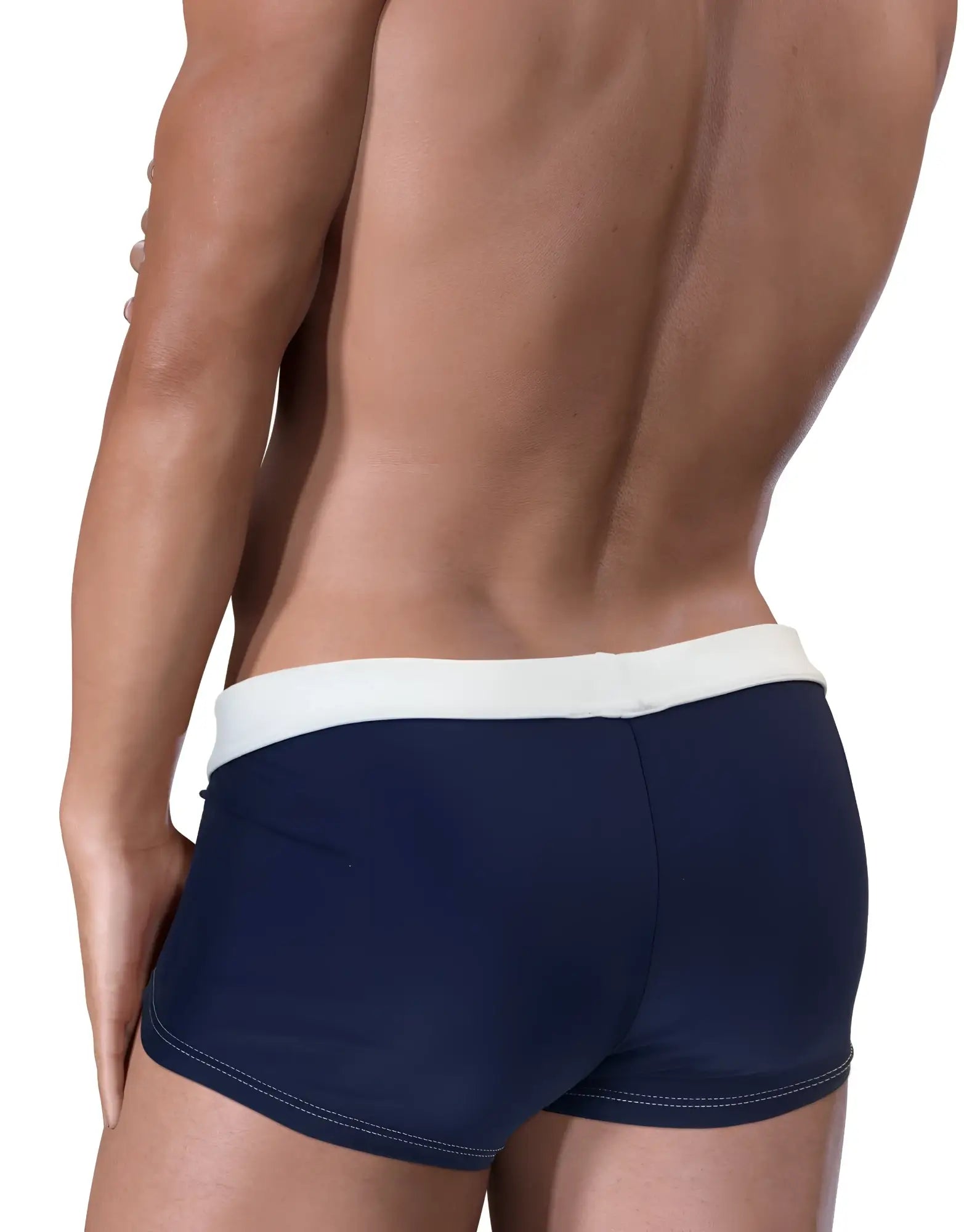 Moby Big Boy square-cut swim trunks in navy blue with a contrasting white waistband and white accent stitching.