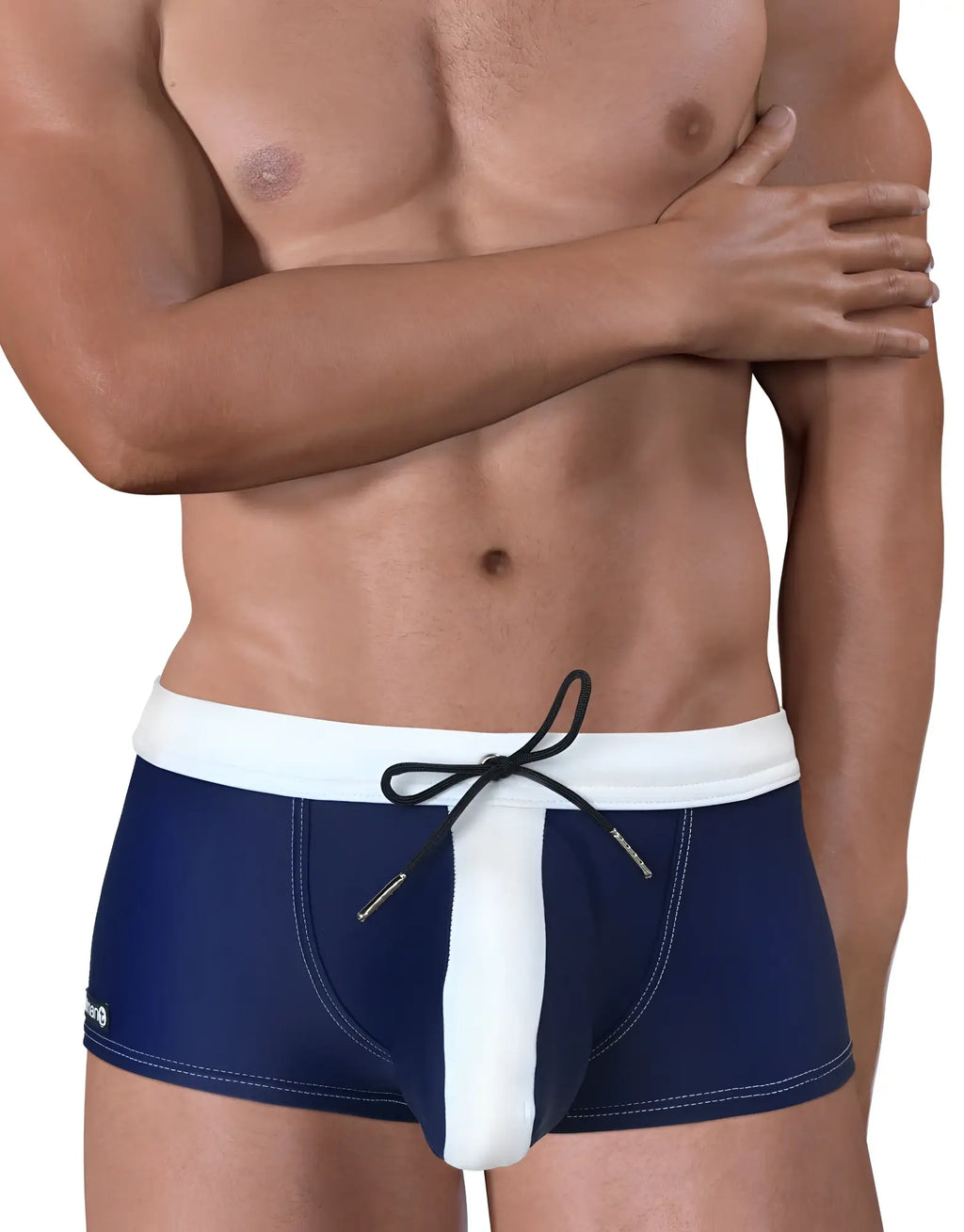 Navy blue square-cut swim trunks with a white vertical front panel, a white waistband, and a black drawstring.
