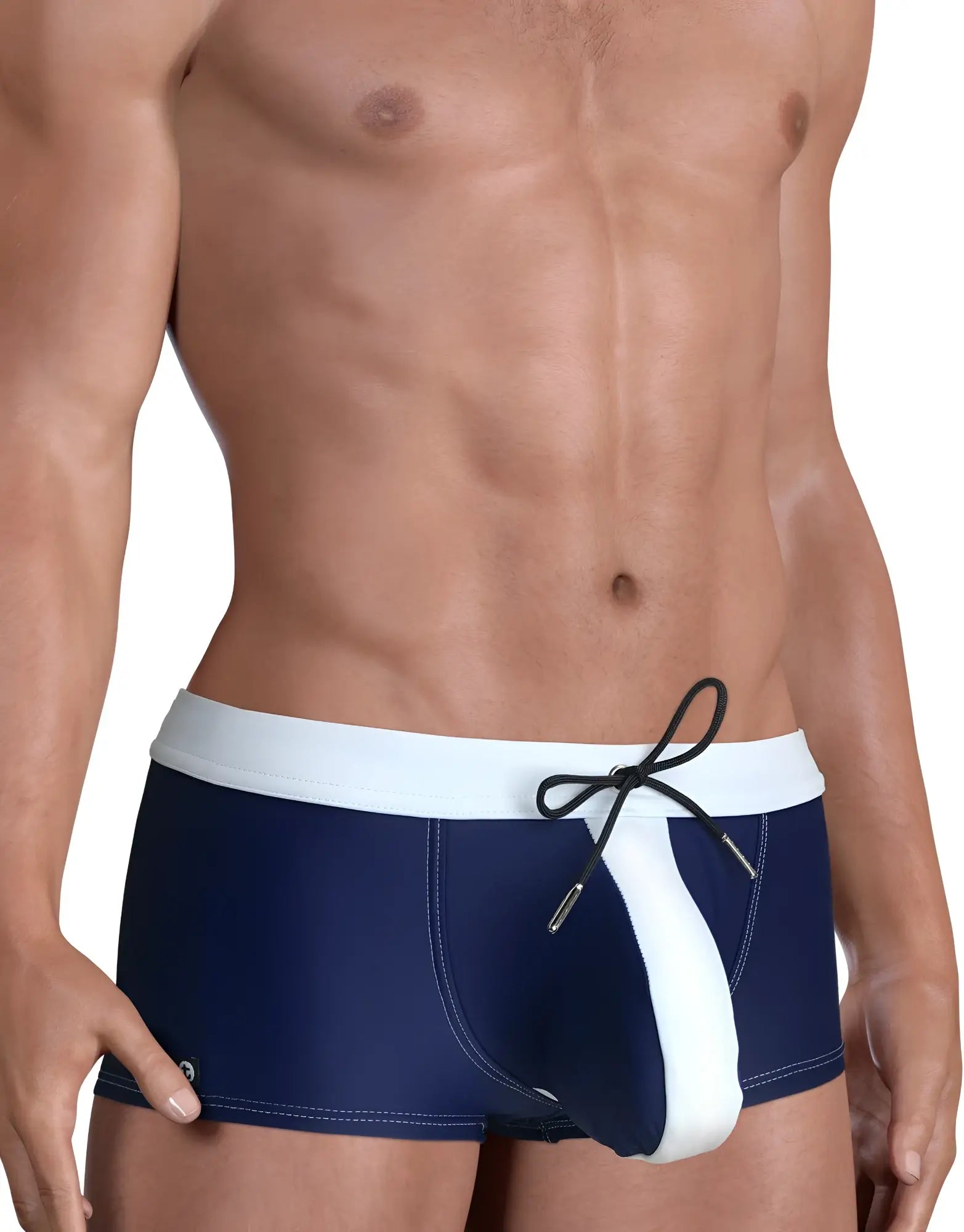 Navy blue square-cut swim trunks with a white waistband and center pouch, featuring a black adjustable drawstring tie.