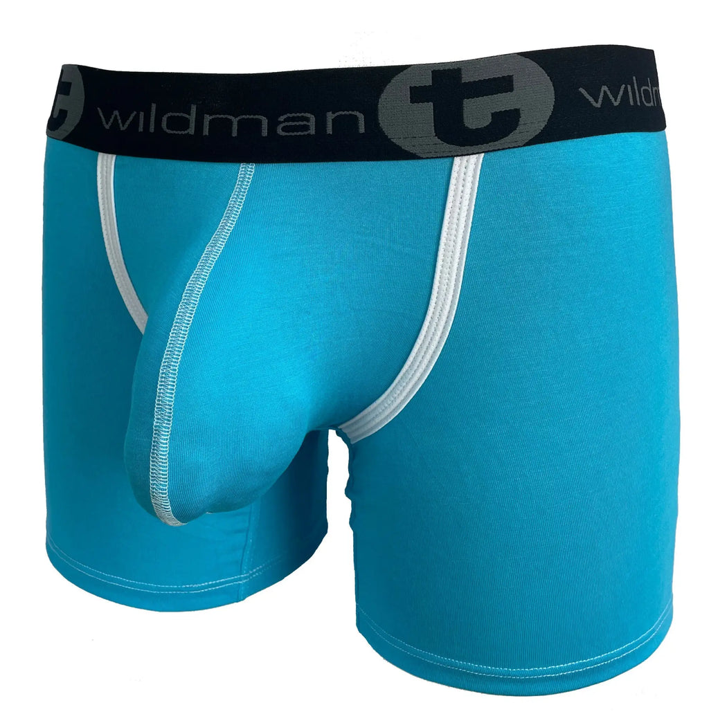 Baby blue boxer briefs with a prominent front pouch, white contrast piping, and a black WildmanT branded waistband.