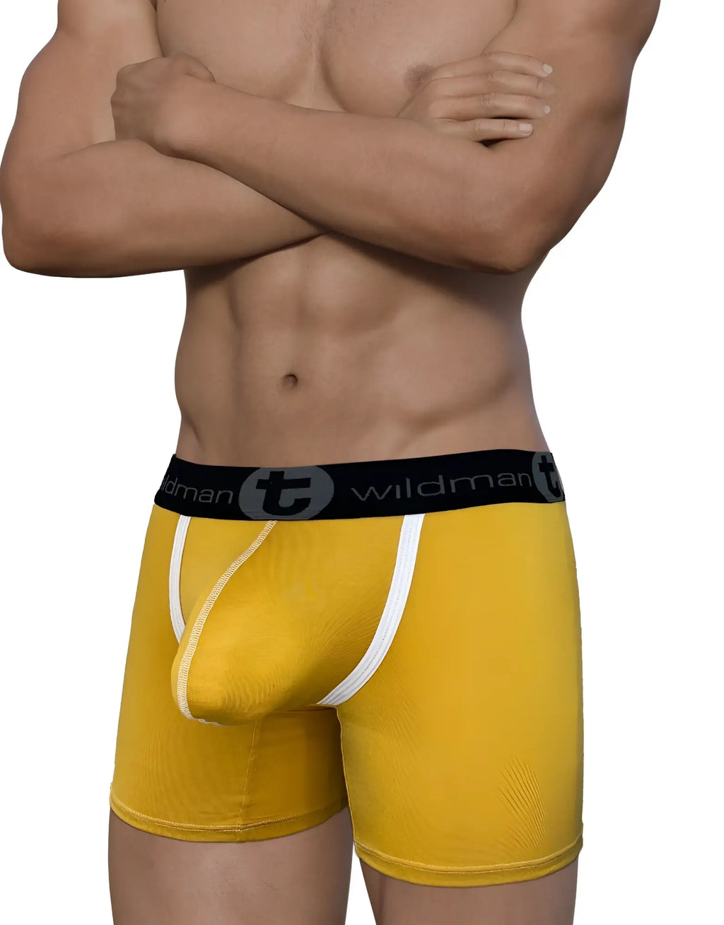 Gold WildmanT modal boxer briefs with a Big Boy pouch, white piping, and a black branded waistband.