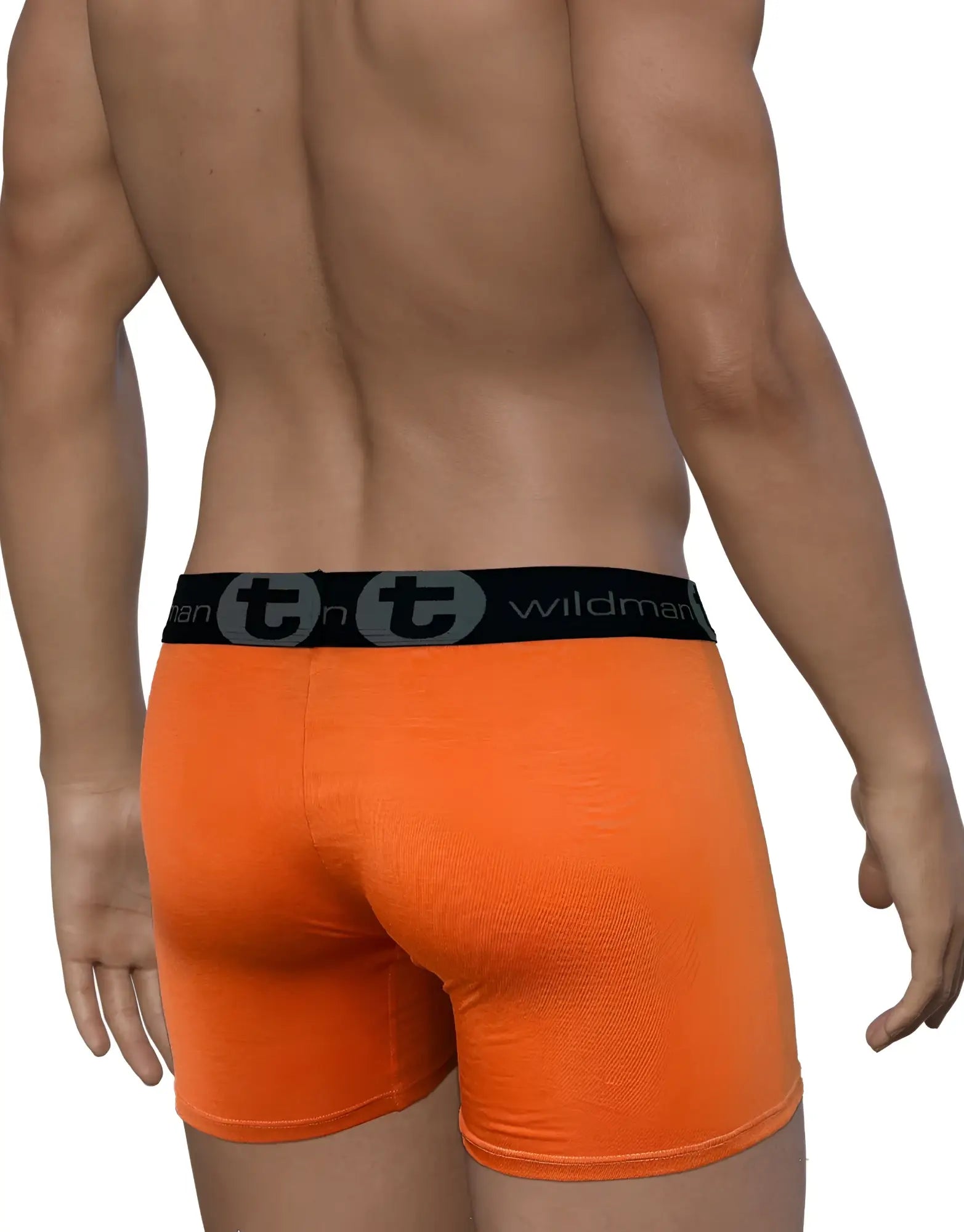 Rear view of a man wearing bright orange WildmanT modal boxer briefs with a black branded waistband.