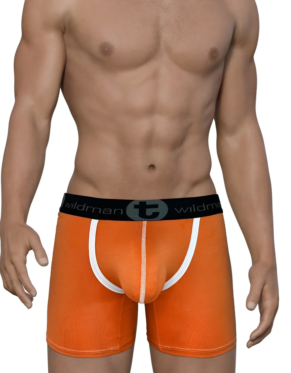 WildmanT orange modal boxer briefs with white piping detail, a supportive front pouch, and a black logo waistband.