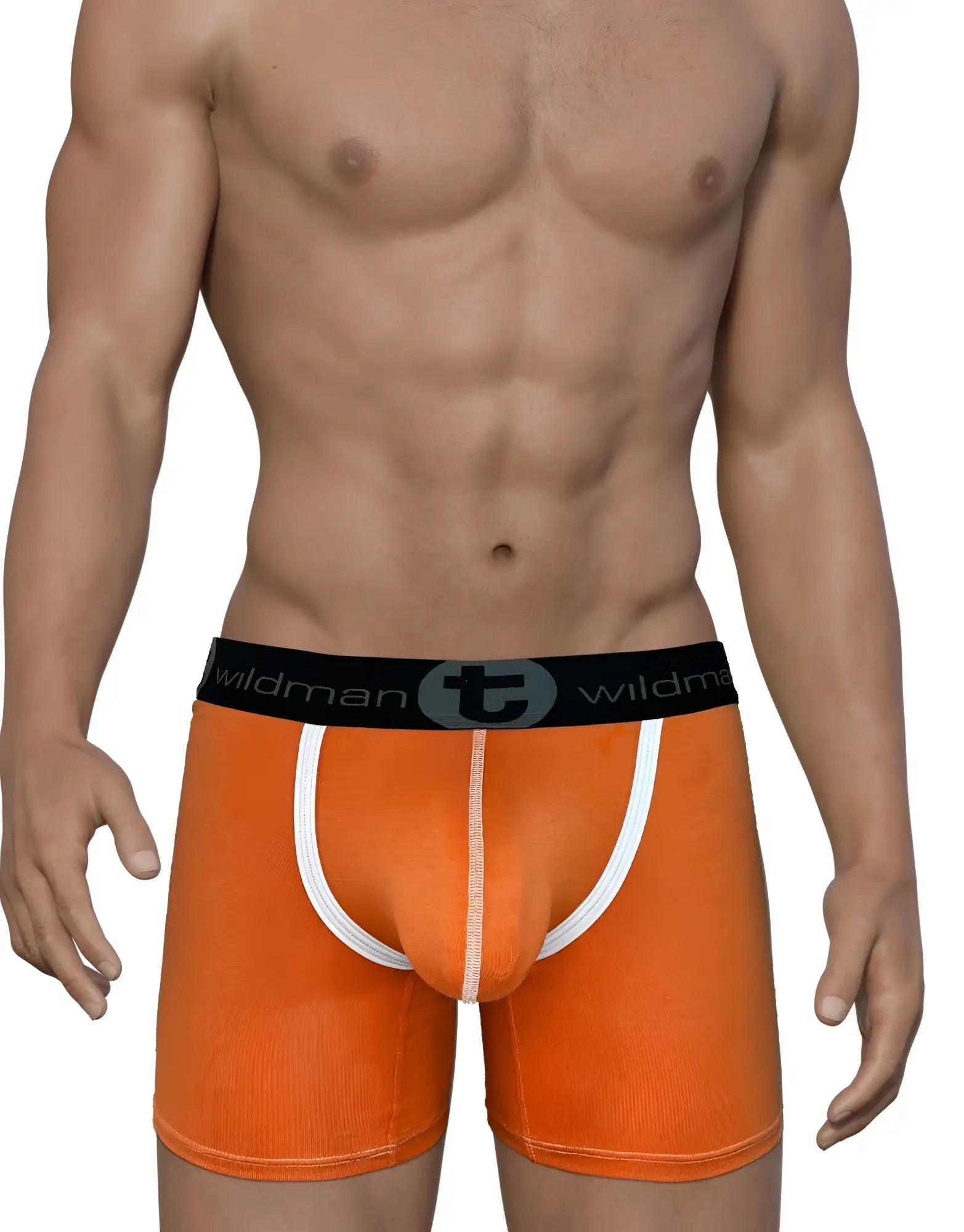 WildmanT orange modal boxer briefs with white piping detail, a supportive front pouch, and a black logo waistband.