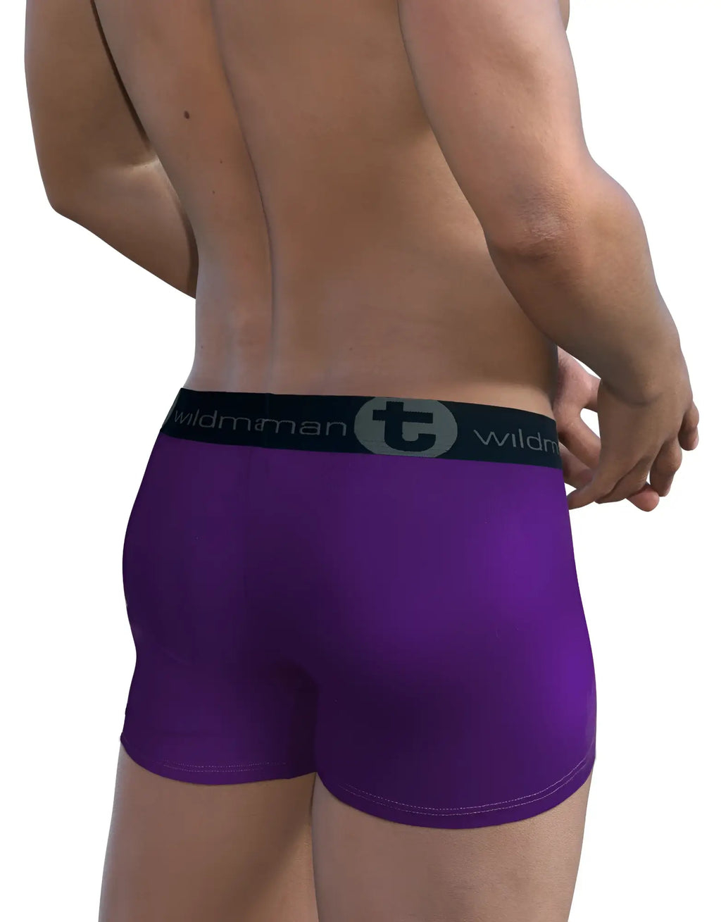 Rear view of purple WildmanT modal boxer briefs with a branded black waistband on a fit male model.