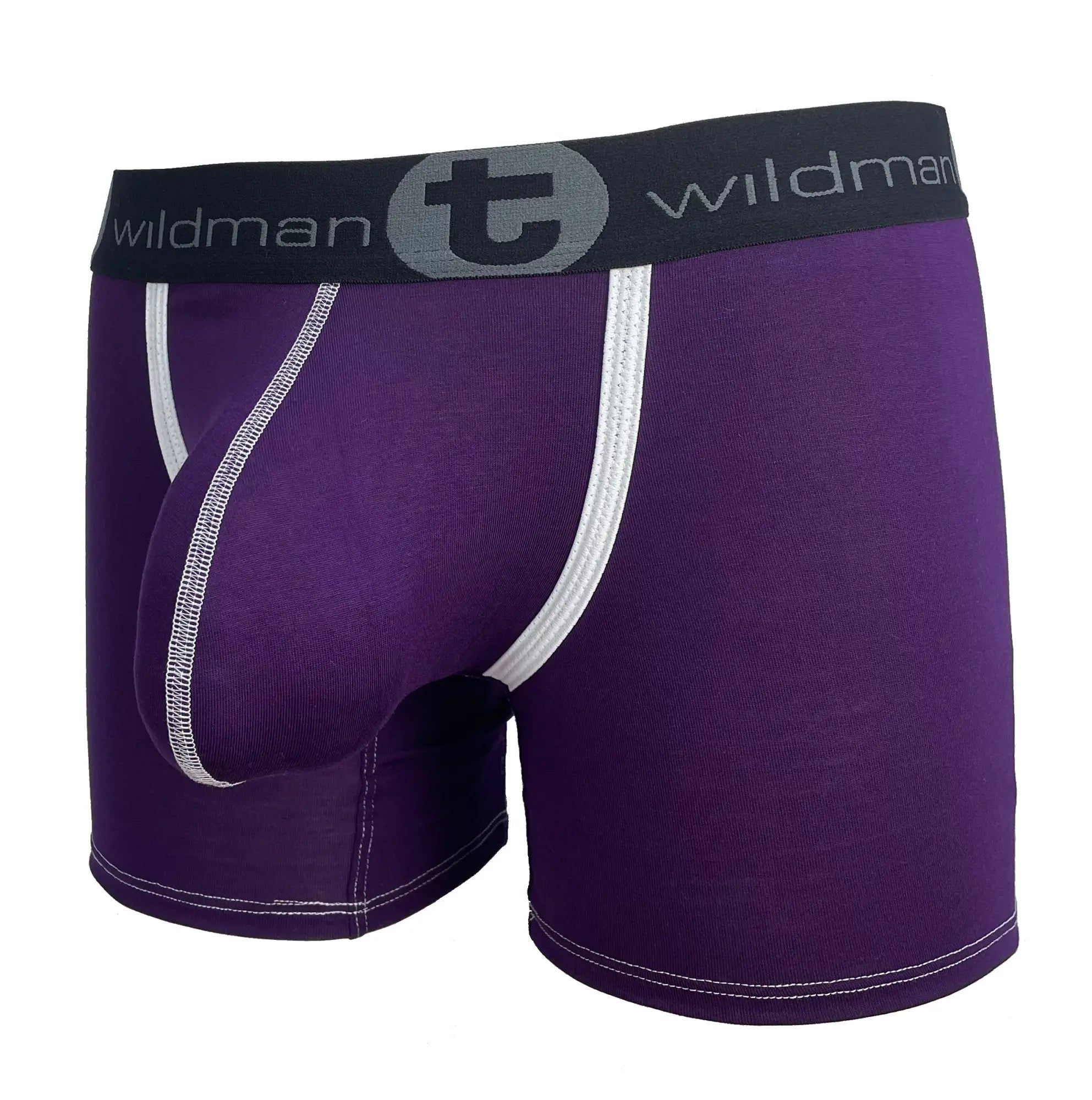 Purple WildmanT boxer briefs with a large contoured pouch, white contrast stitching, and a black branded waistband.