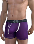 Purple WildmanT boxer briefs with a large contoured front pouch, white contrast stitching, and a branded black waistband.