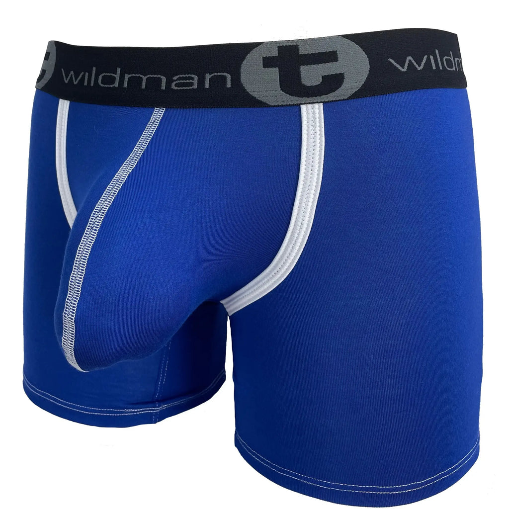 Royal blue boxer briefs with a prominent front pouch, white trim, and a black waistband with the WildmanT logo.