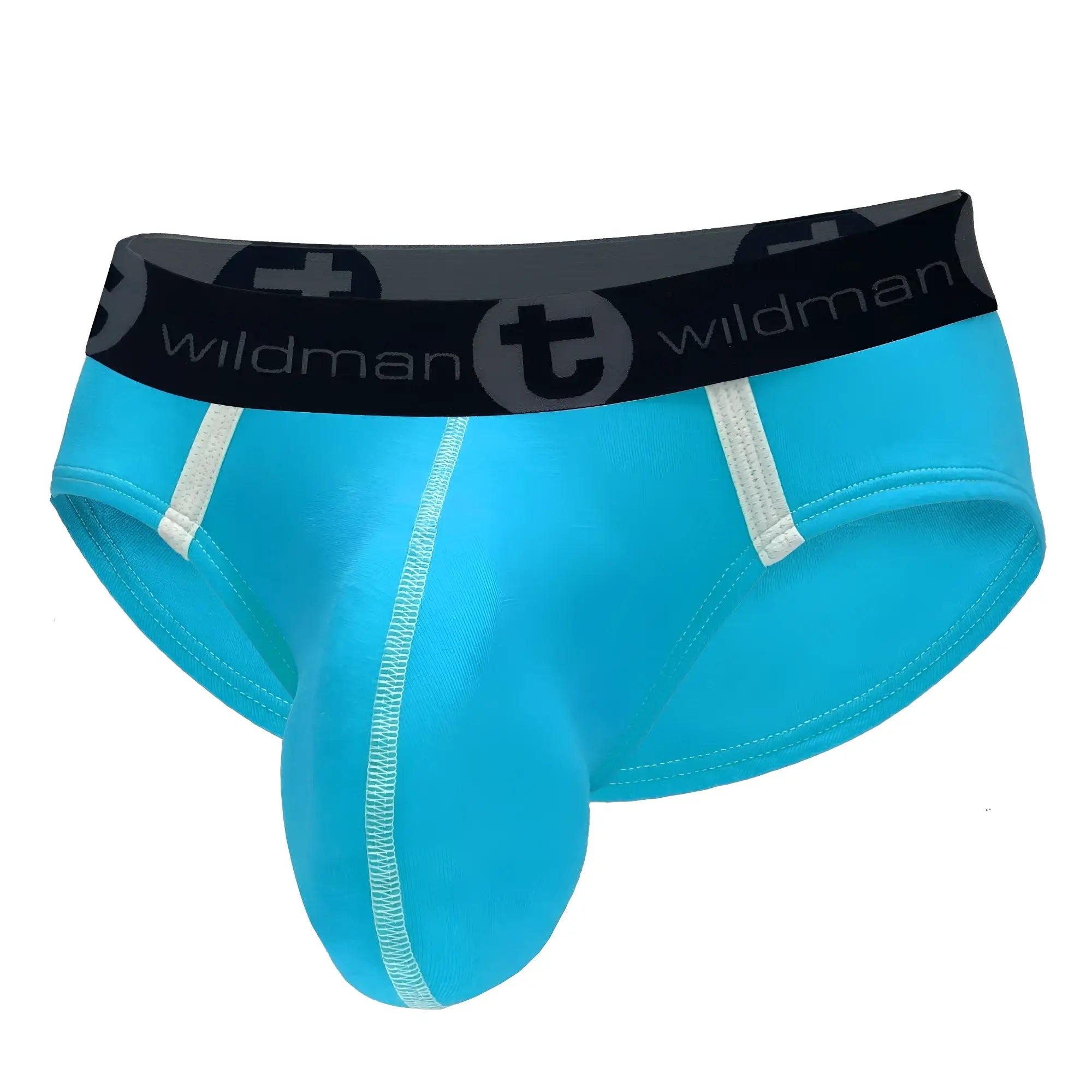 Baby blue WildmanT modal pouch brief with white contrast stitching, side stripes, and a black branded elastic waistband.