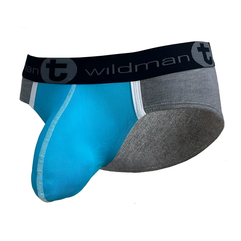 Baby blue modal pouch brief with grey sides, white trim, and a black WildmanT branded elastic waistband.