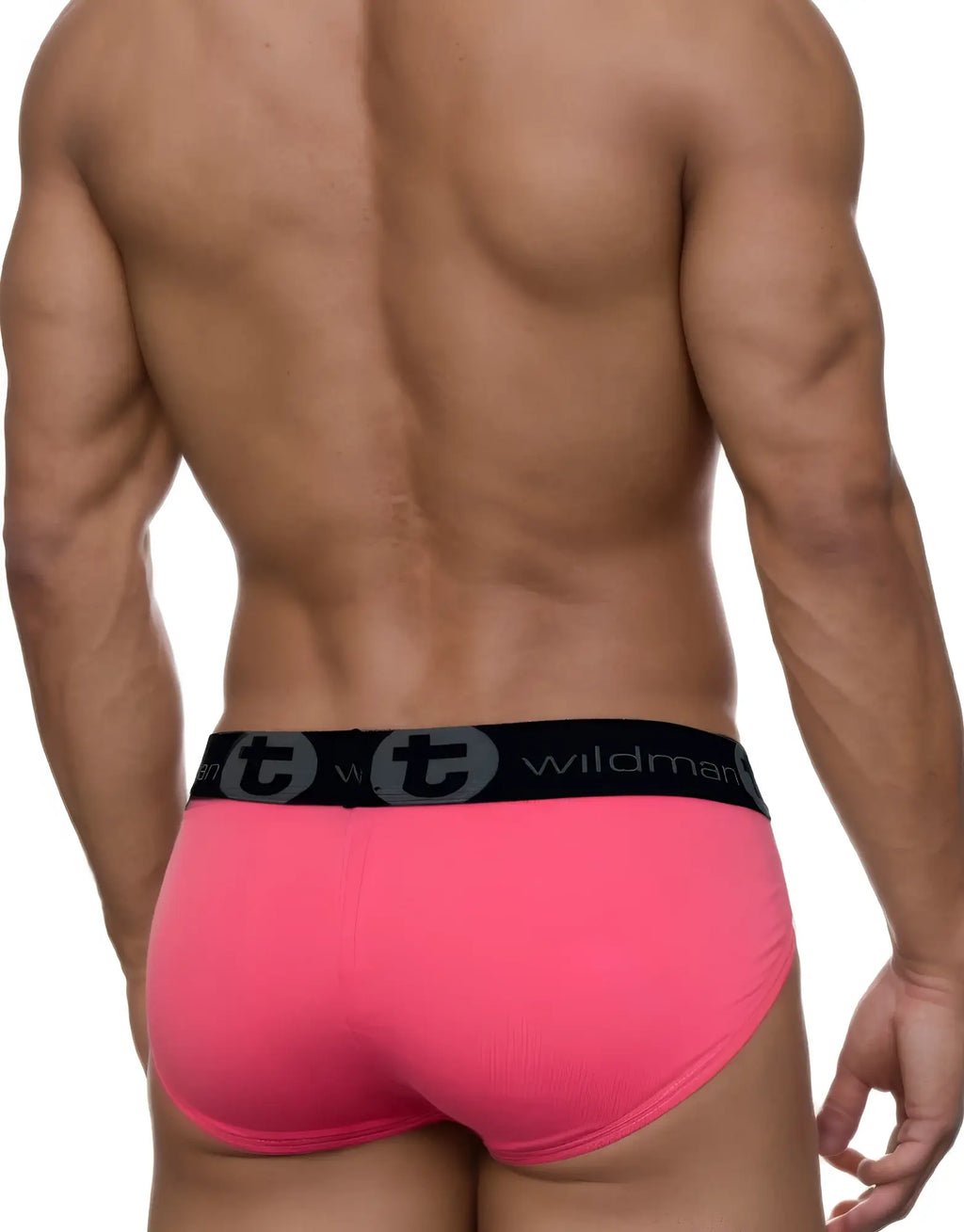 A muscular man seen from behind wearing pink Modal Big Boy Pouch briefs with a black WildmanT branded waistband.