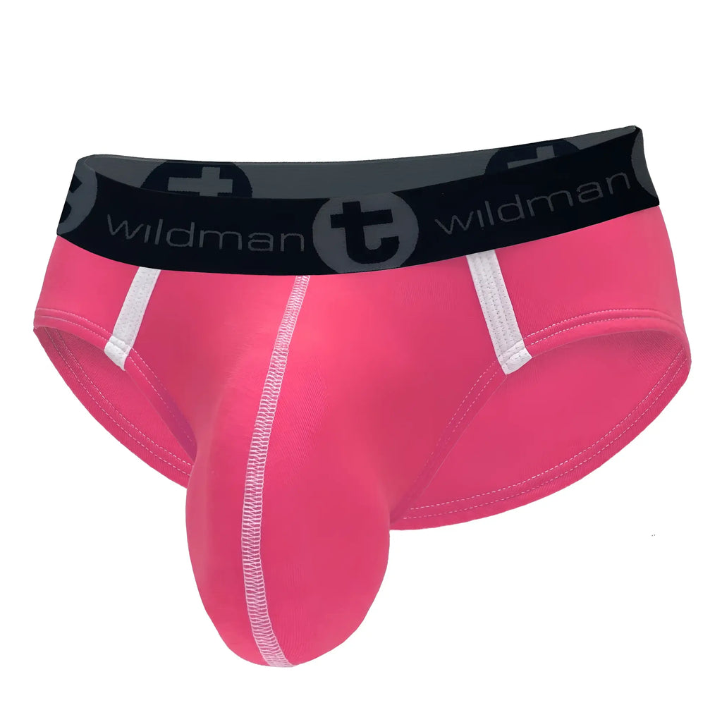 Bright pink modal brief with a prominent pouch, white side accents, and a wide black WildmanT branded waistband.