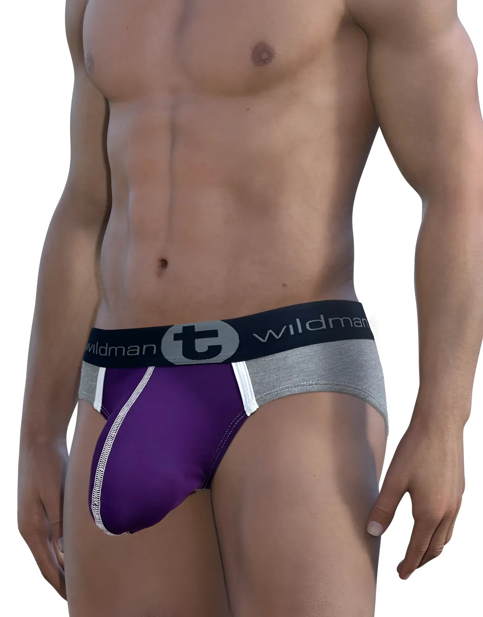 WildmanT purple modal big boy pouch brief with white contrast piping, grey side panels, and black branded waistband.