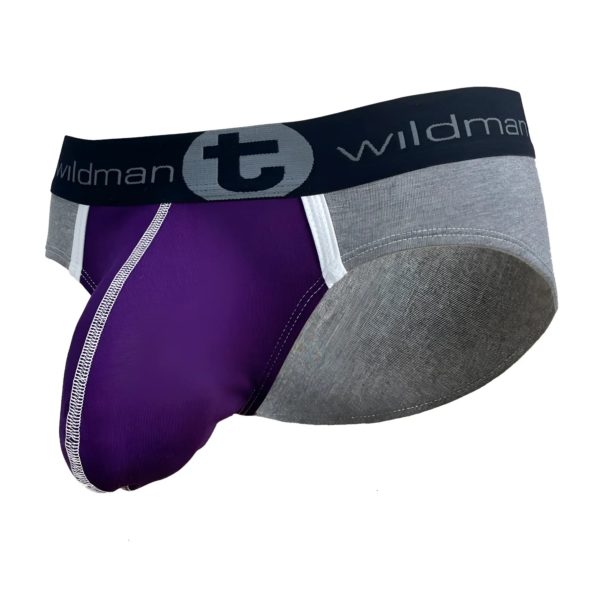 Purple WildmanT modal pouch brief with grey sides, white stitching accents, and a black logo waistband.