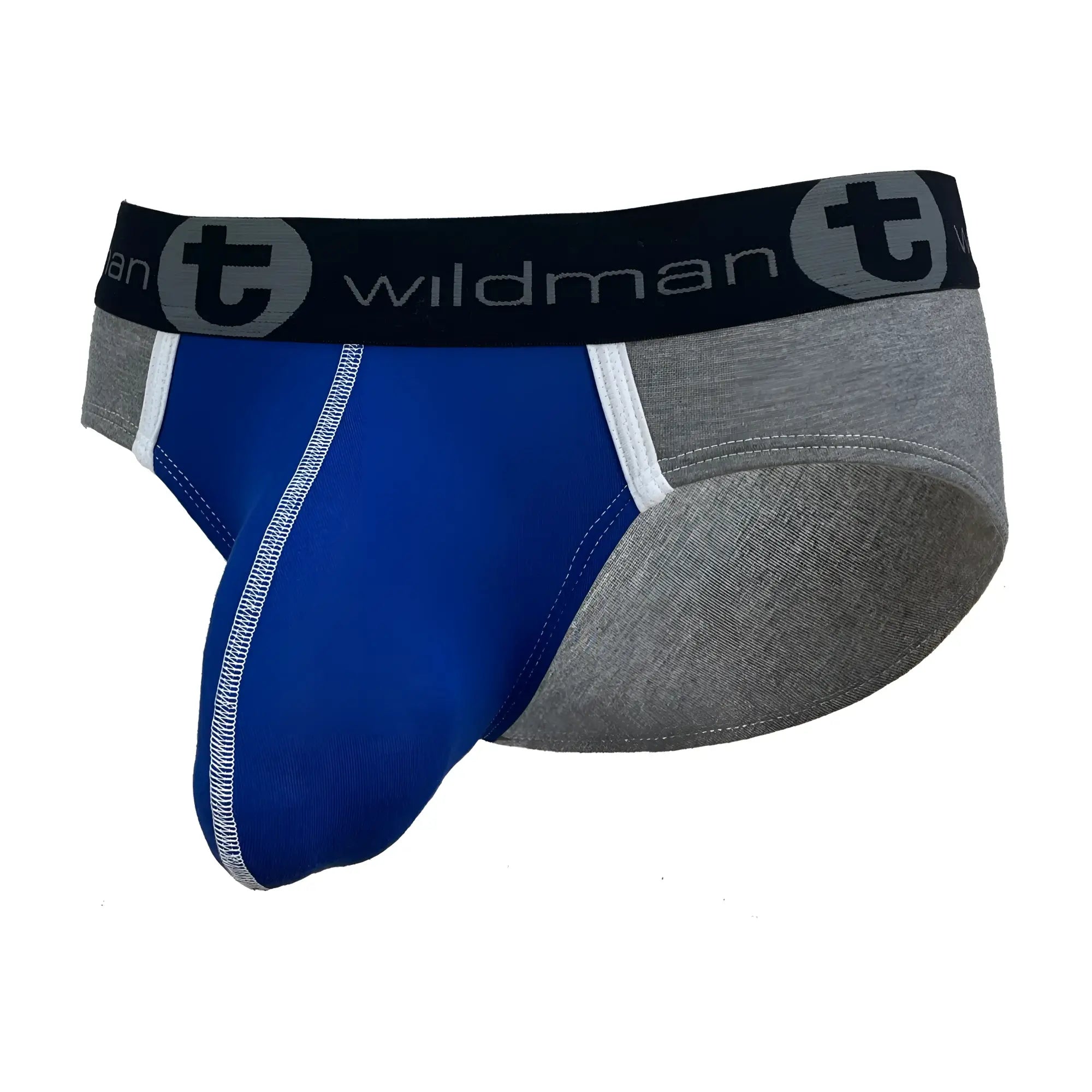 WildmanT royal blue and grey modal pouch brief with white contrast stitching and branded black elastic waistband.