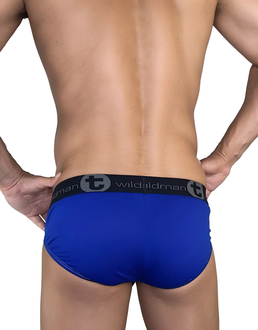 Back view of a man wearing royal blue WildmanT modal brief with a black branded waistband.